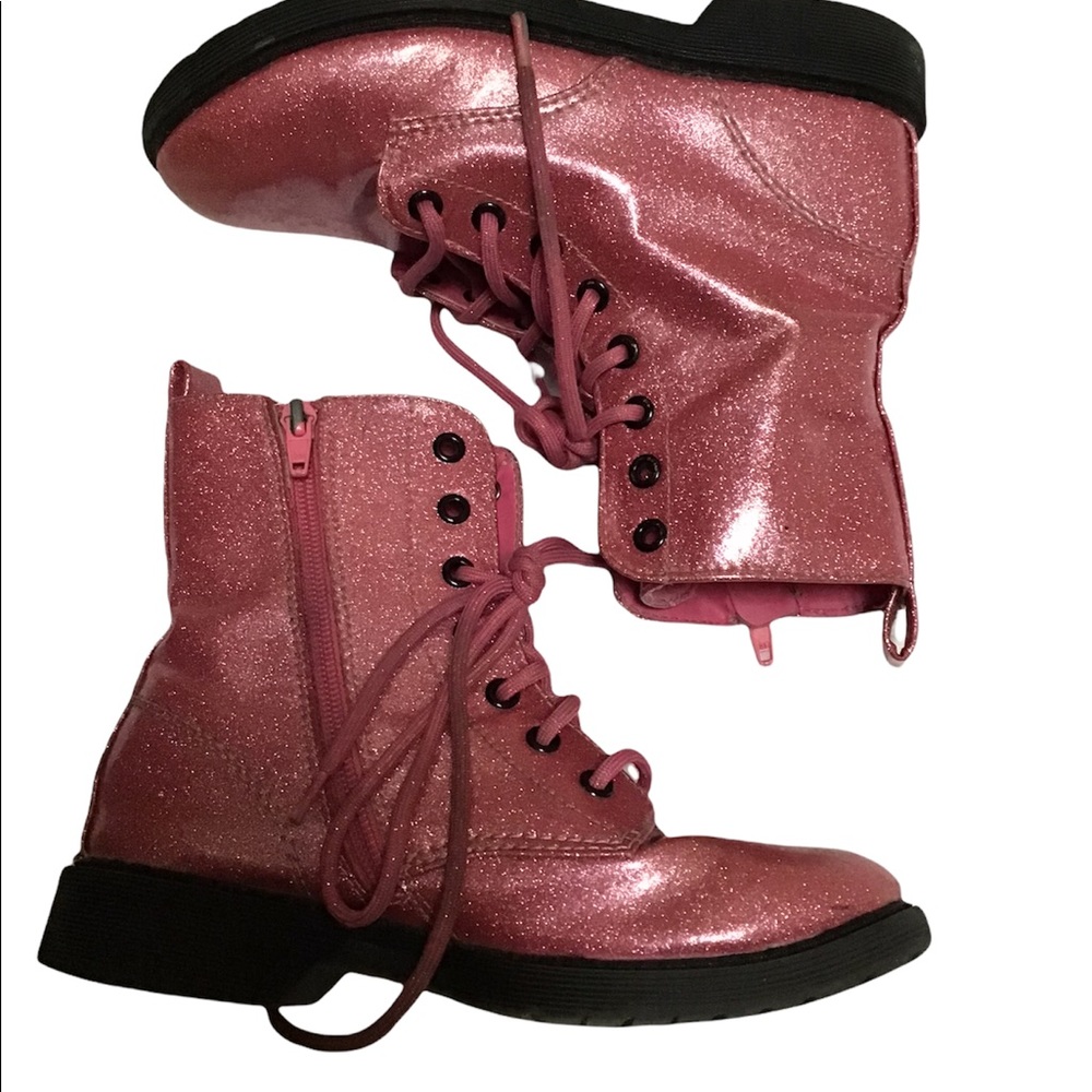Wonder Nation Shiny Pink Glitter Lace Up Moto Combat Shoes Boots Size 3‎